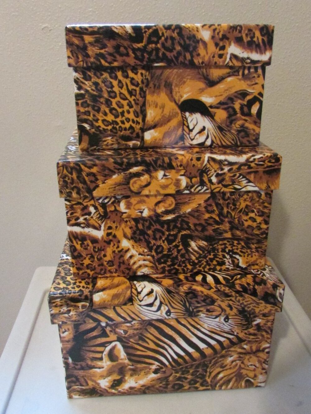 NEW Set Of 3 African Safari Nesting Boxes Decor Accents Lions Leopards Zebra